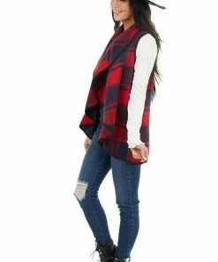 HYFVE Cherry And Navy Open Front Plaid Print Vest With Lapel Outerwear