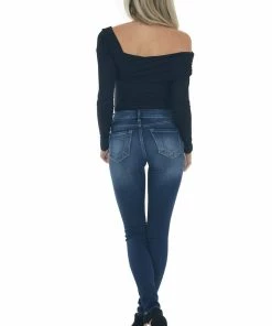 143 Story Black Off Shoulder Overlay Detail Bodysuit Tops