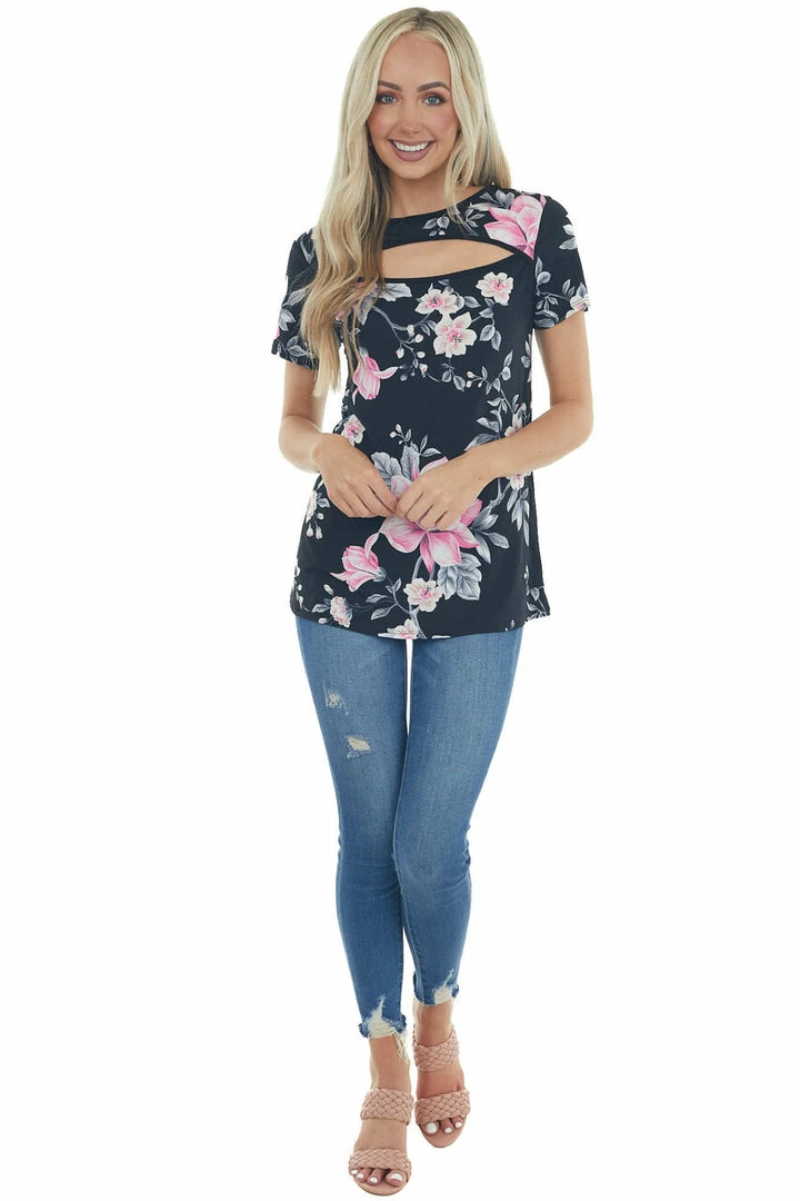 HEIMISH Black Floral Print Knit Top With Chest Cut Out Tops 5 HEIMISH Black Floral Print Knit Top With Chest Cut Out Tops