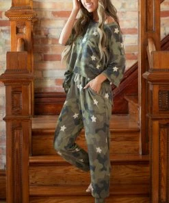 Entro Tops Olive Camo And Star Print Short Sleeve Top With Front Pocket