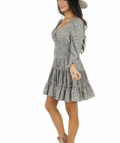 Bighit Fashion Black Floral Print Tiered Woven Dress With Smocked Waist