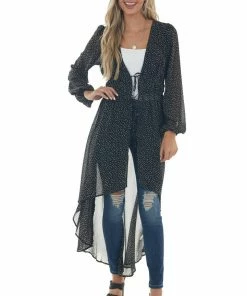 FSL APPAREL Tops Black And Cream Spotted Long Sleeve Kimono