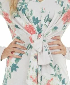 Bluivy Light Blush Floral Long Sleeve Mini Dress With Front Tie Dresses