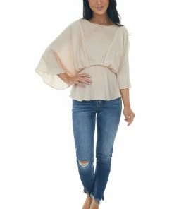 Umgee Tea Rose Kimono Sleeve Pleated Peplum Blouse Tops