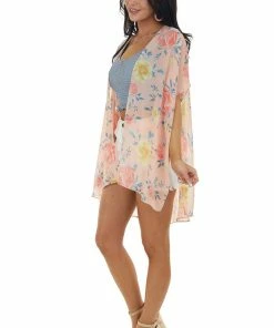 AND THE WHY Pale Coral Floral Print Lightweight Flowy Chiffon Kimono Tops