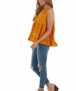 Ces Femme Tops Mango Leaf Print Babydoll Notch Neck Knit Tank