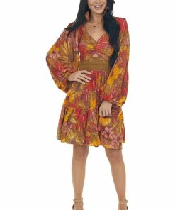 ANGIE Pale Olive Floral Long Sleeve Lace Waist Dress