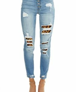 KanCan Bottoms Light Wash High Rise Boyfriend Jeans With Leopard Patches