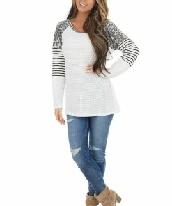 BiBi White Waffle Knit Top With Striped And Leopard Print Contrast 31 BiBi White Waffle Knit Top With Striped And Leopard Print Contrast