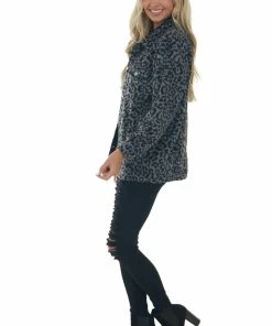 143 Story Steel Grey Leopard Print Fuzzy Shirt Jacket Tops
