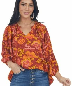 Entro Tops Cinnamon Floral Print Peasant Style Blouse