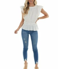 Grade & Gather Ivory Ruffle Cap Sleeve Cinch Waist Blouse