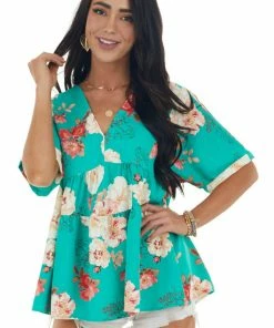 Entro Jade Green Floral Print V Neck Babydoll Top Tops