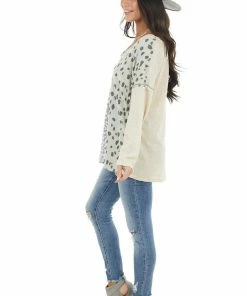 BiBi Tops Sand Waffle Knit Top With Sage Leopard Print Contrast