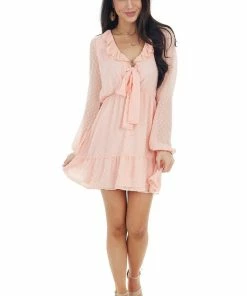 Peach Love Blush Swiss Dot Woven Dress With Front Tie Closure Dresses 32 Peach Love Blush Swiss Dot Woven Dress With Front Tie Closure Dresses