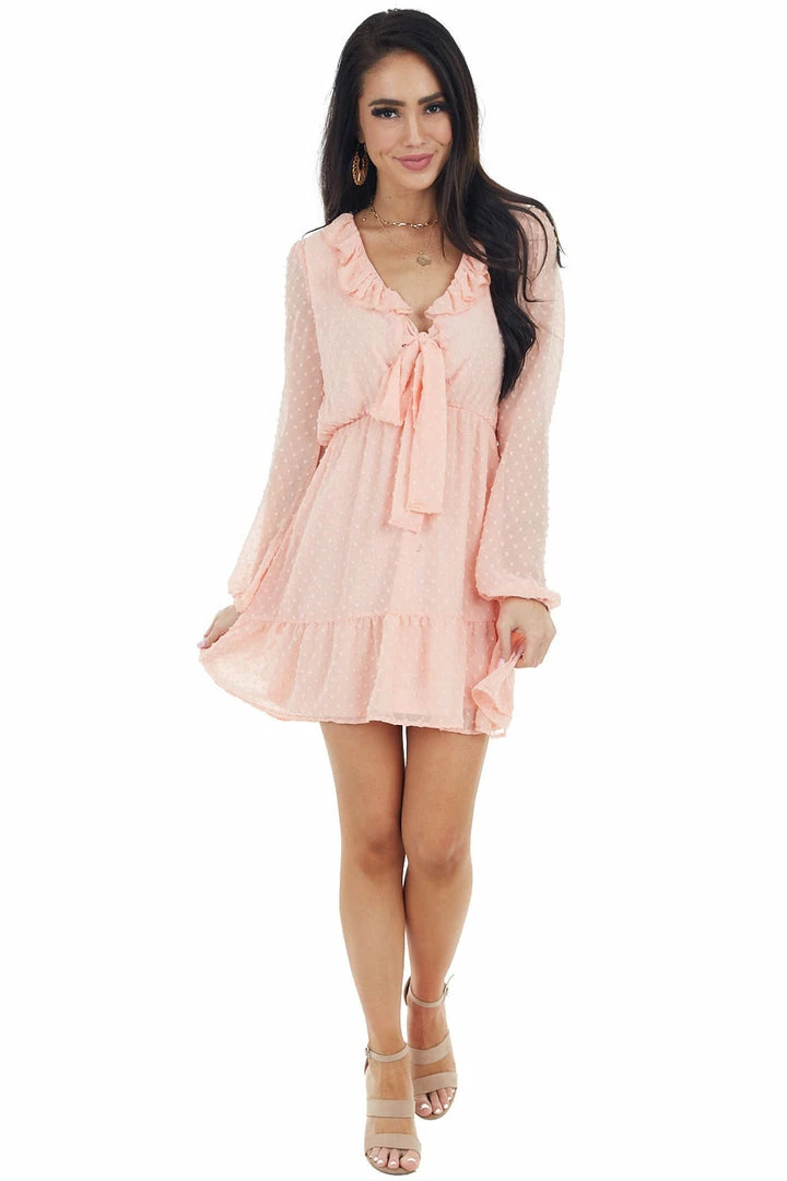 Peach Love Blush Swiss Dot Woven Dress With Front Tie Closure Dresses 15 Peach Love Blush Swiss Dot Woven Dress With Front Tie Closure Dresses