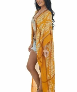 ANGIE Tops Marigold Damask Kimono With Pom Pom Detail