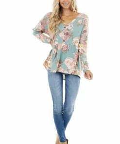 Bluivy Tops Sage Floral Print Babydoll Top With Button Front Detail