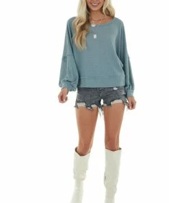 She + Sky Faded Teal Waffle Knit Puff Sleeve Loose Top