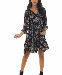 Umgee Black Mixed Floral Print V Neck Short Dress Dresses