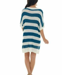La Miel Tops Off White And Sea Blue Striped Loose Knit Top