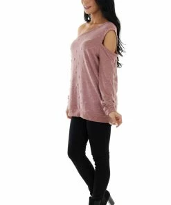 BiBi Tops Marsala Distressed Terry Knit Cold Shoulder Top