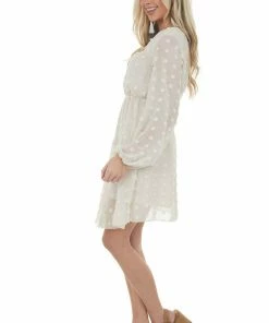 Miss Sparkling Cream Swiss Dot Blouson Sheer Sleeve Dress Dresses