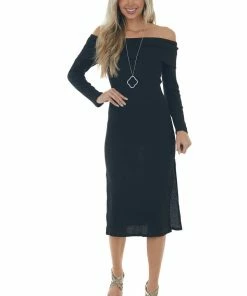 L Love Black Ribbed Off Shoulder Bodycon Midi Dress Dresses