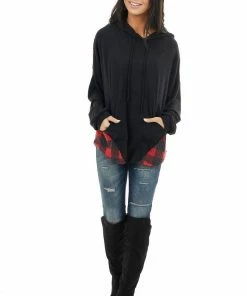 12PM Tops Ruby And Black Buffalo Plaid Hoodie With Working Tie Detail