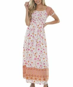 Jodifl Apricot Floral Smocked Babydoll Maxi Dress Dresses