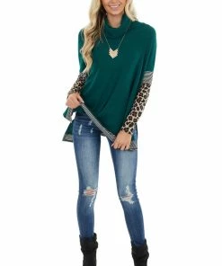 First Love Forest Multiprint Ribbed Long Sleeve Top With Cowl Neck