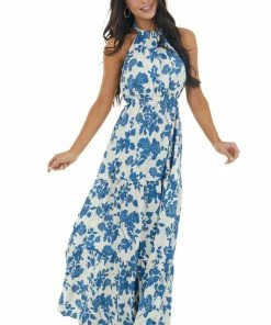Dress Day Steel Blue And Ivory Floral Print Maxi Dress