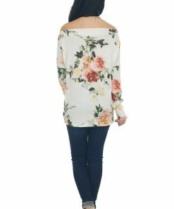 BiBi Ivory Floral Print Boat Neckline Knit Top