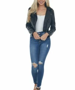 Coalition Black Faux Leather Hooded Cropped Moto Jacket
