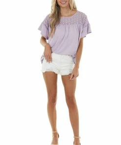 Ninexis Pastel Lavender Babydoll Knit Top With Eyelet Lace Detail Tops