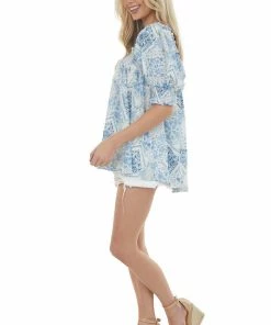 Davi & Dani Ivory And Powder Printed Square Neck Blouse Tops 13 Davi & Dani Ivory And Powder Printed Square Neck Blouse Tops