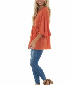 Haptics Pumpkin 3/4 Flare Sleeve Drop Waist Blouse
