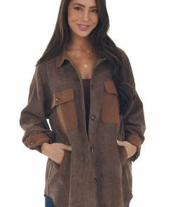 143 Story Coffee Contrast Oversized Corduroy Shacket Tops