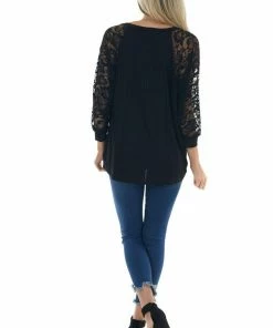 Now N Forever Black Ribbed Dolman 3/4 Lace Sleeve Knit Top