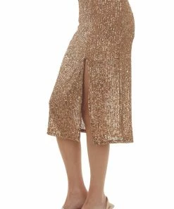 7th Ray Bottoms Camel Sequined Side Slit Midi Skirt