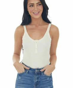 ANGIE Cream Ribbed Knit Tank Top With Button And Lace Trim Details Tops