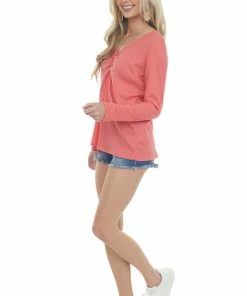 143 Story Tops Rich Coral Waffle Knit Top With Button Detail