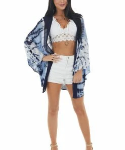 ANGIE Navy Tie Dye Print Open Front Kimono With Rounded Hem