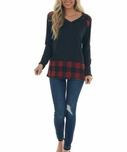 Vanilla Bay Black Raw Edge Knit Top With Plaid Contrast