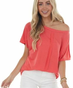 143 Story Punch Half Sleeve Knit Top With Raw Edge Seam Detail Tops