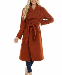 Hem & Thread Brick Red Heavy Knit Trench Coat With Waist Tie Detail Outerwear