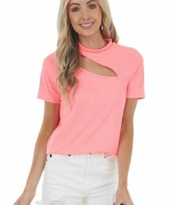 BiBi Neon Pink Ribbed Short Sleeve Knit Top With Cut Out Detail 29 BiBi Neon Pink Ribbed Short Sleeve Knit Top With Cut Out Detail