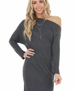 Cherish Charcoal Off Shoulder Long Sleeve Semi Fitted Short Dress