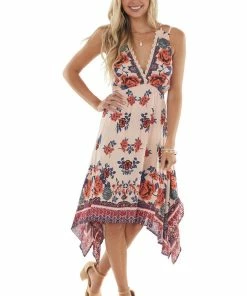 ANGIE Dresses Peach And Cobalt Floral Sleeveless Midi Dress