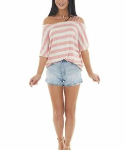 BiBi Blush Pink And Cream Striped Cold Strapped Shoulder Knit Top Tops 32 BiBi Blush Pink And Cream Striped Cold Strapped Shoulder Knit Top Tops